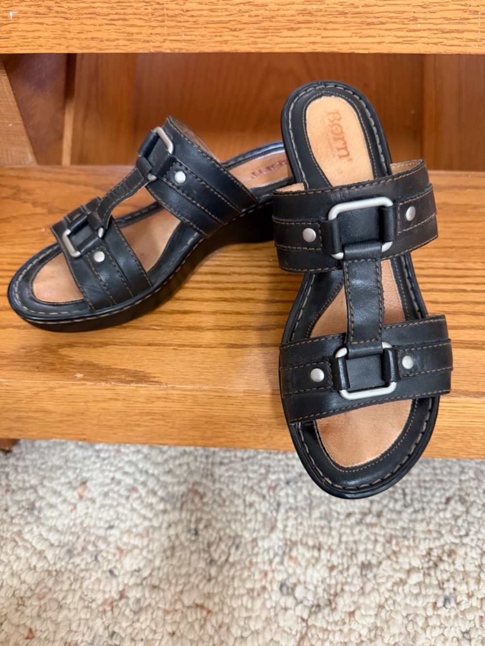 Born Black Leather Slip On Wedge Sandals Womens Open Toe sz 8 Shoes